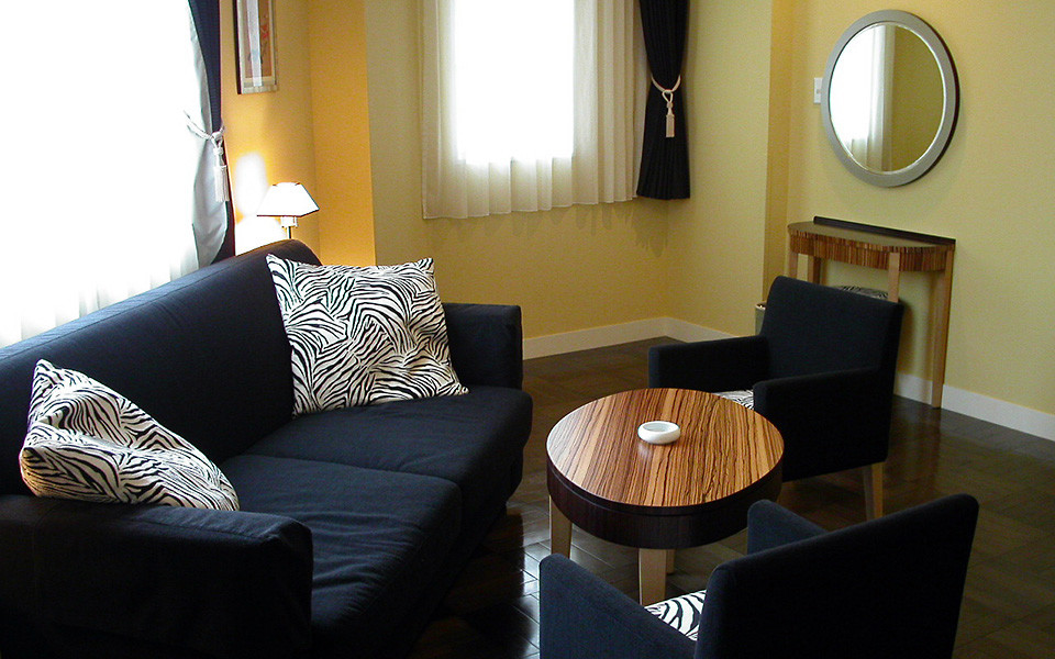 Suite room with enlarged living space and European décor