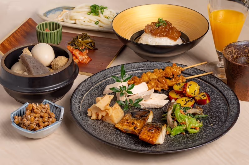 Breakfast buffet with Japanese and Western items