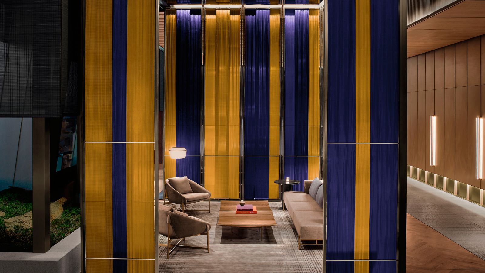 Bay bar interior featuring Hakata-ori weave pattern ceiling installation and leather seating